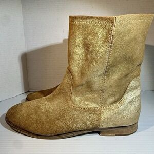 Aldo Boots Women's 9 Gold Tan Suede Leather Distressed Western Pull On Booties